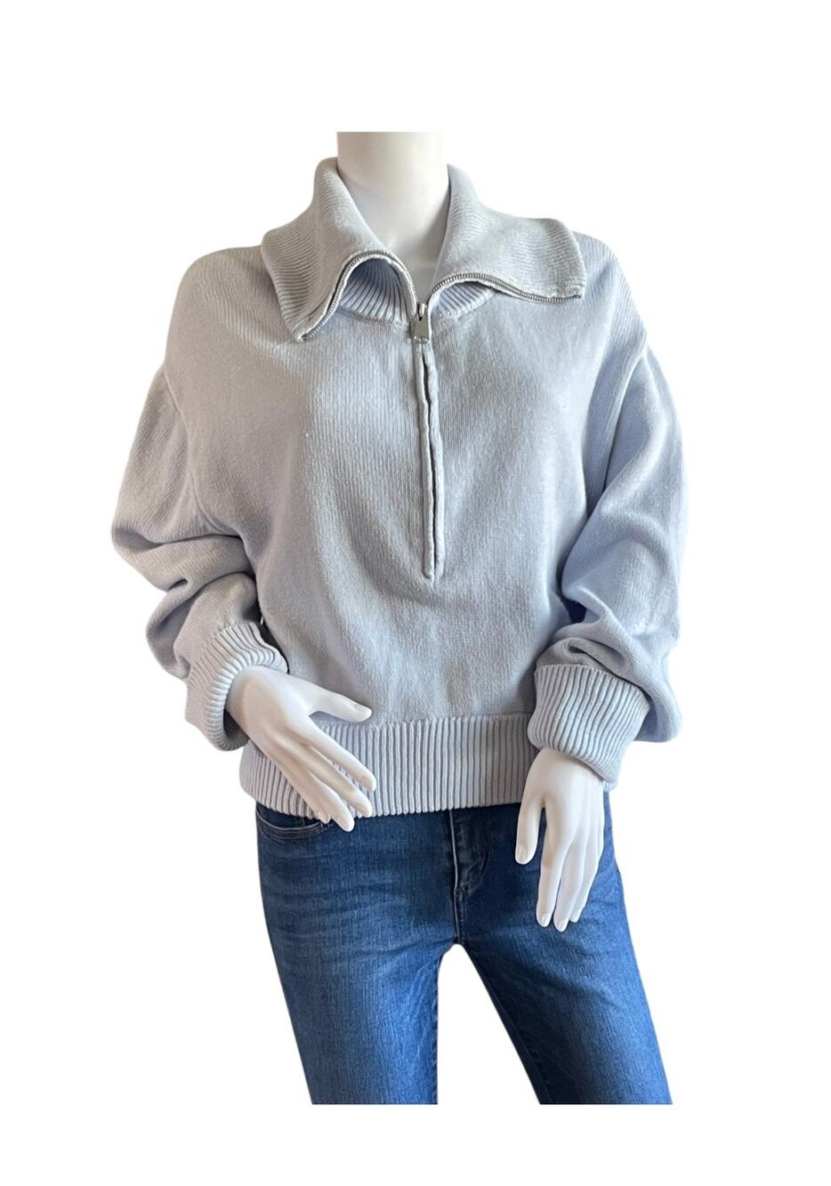 Pink Rose 1/2 Zipper Long Sleeves Pullover Sweater Light Blue XL